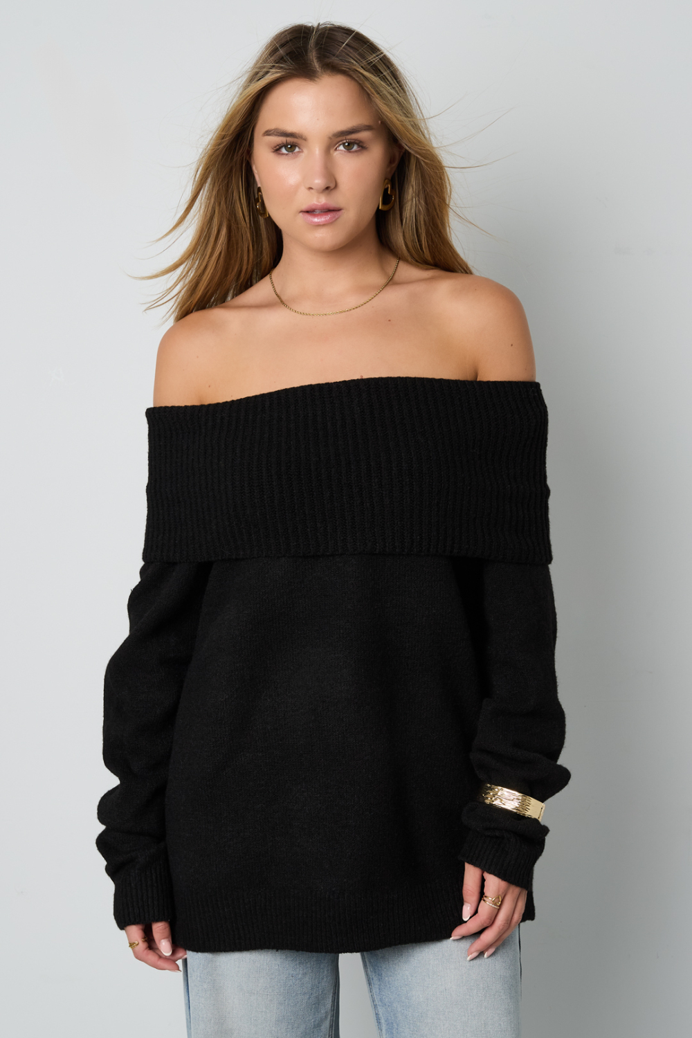 Pull Femme À Épaules Dénudées En Fibre De Polyester Tricotée Élégant Couleur Unie h5Image5