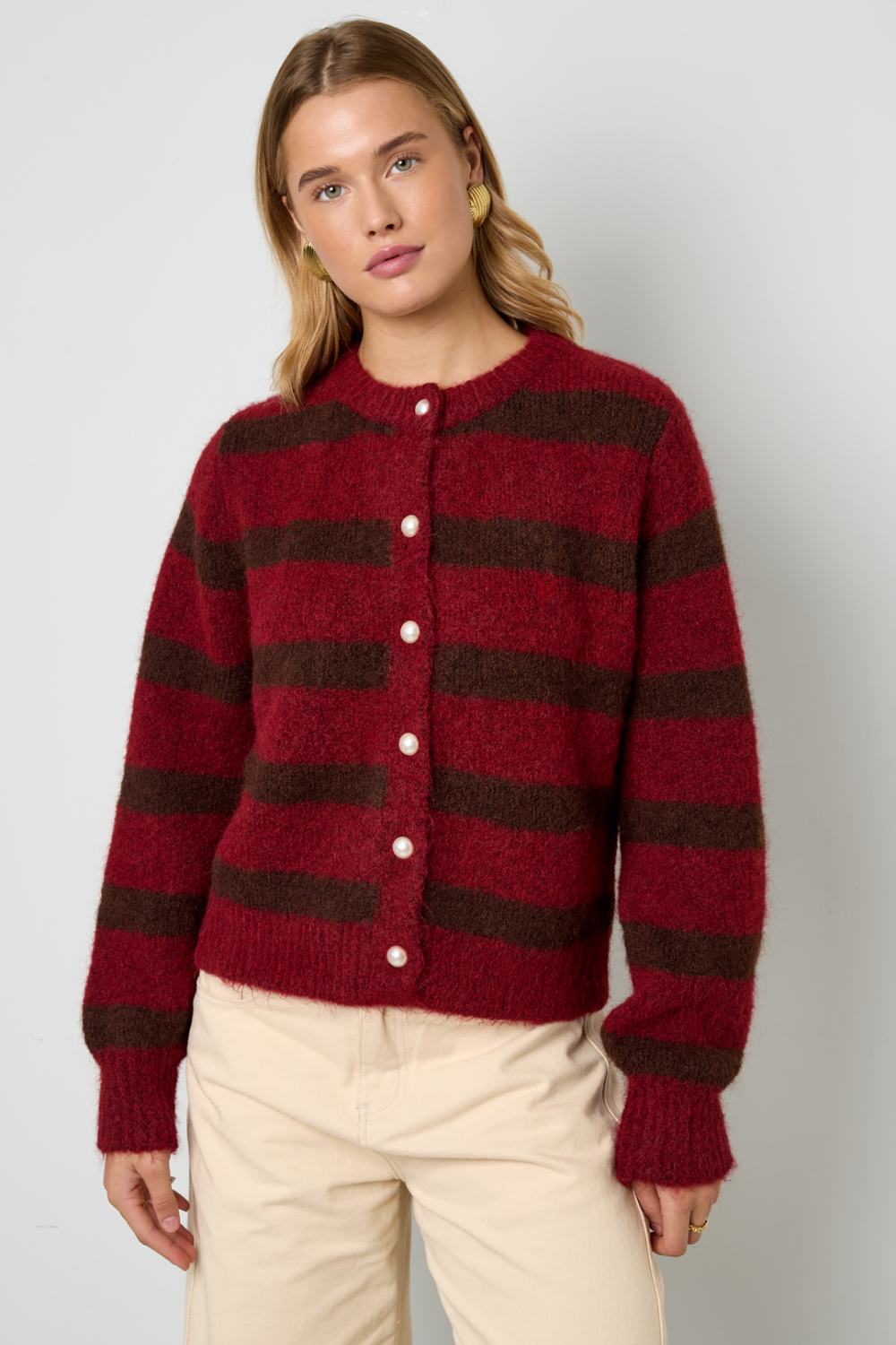 Cardigan Femme En Fibre De Polyester Tricotée Style Décontracté À Rayures Image4