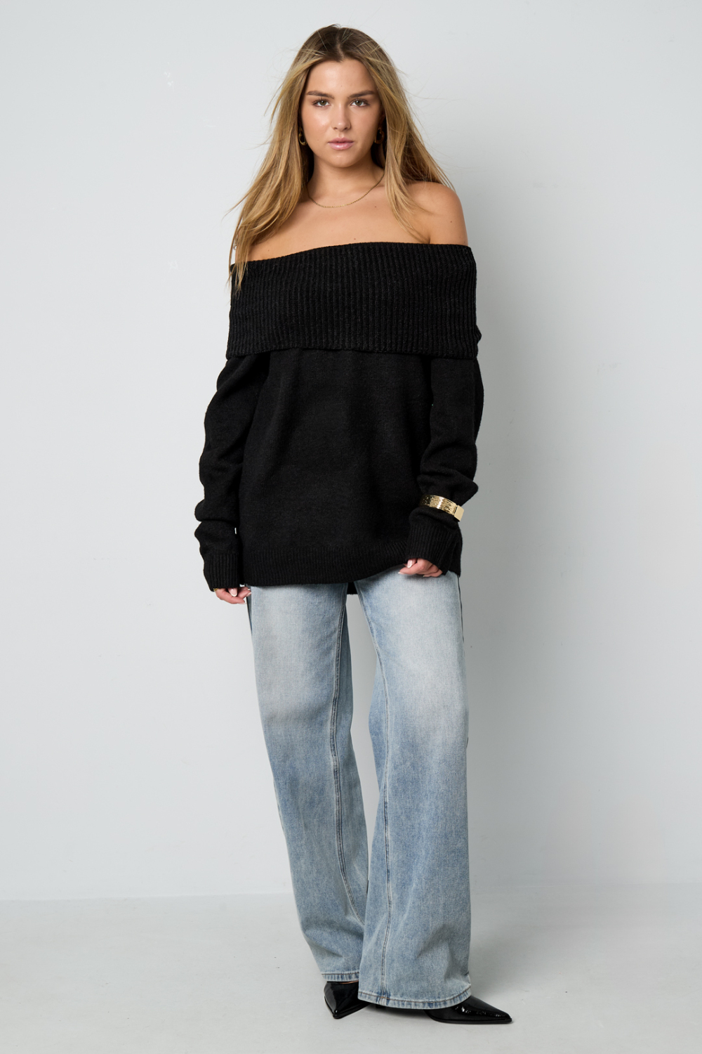 Pull Femme À Épaules Dénudées En Fibre De Polyester Tricotée Élégant Couleur Unie h5Image4