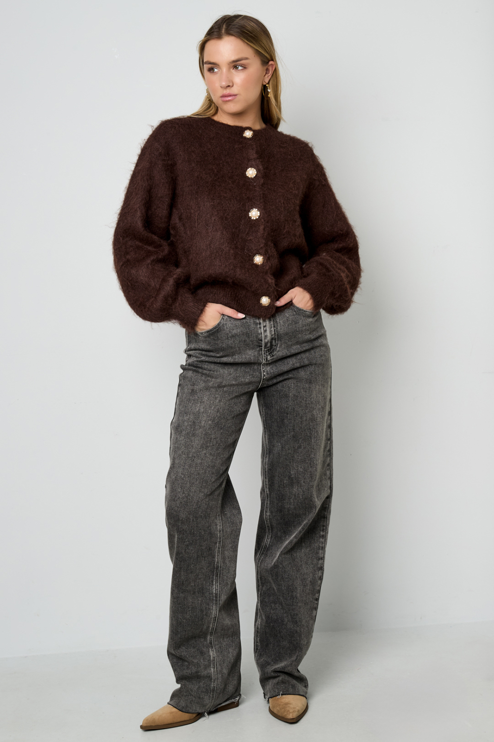 Tricot En Fibre De Polyester Femme Cardigan Tricoté Décontracté Couleur Unie h5Image4
