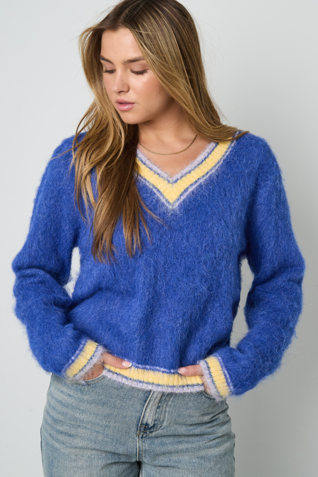 Pulls en maille fibre de polyester pour femmes col en V décontracté contraste de couleurs
