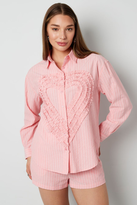 Cotton Woven Chemise Femme Casual Stripes Coeur Ruffle Detail