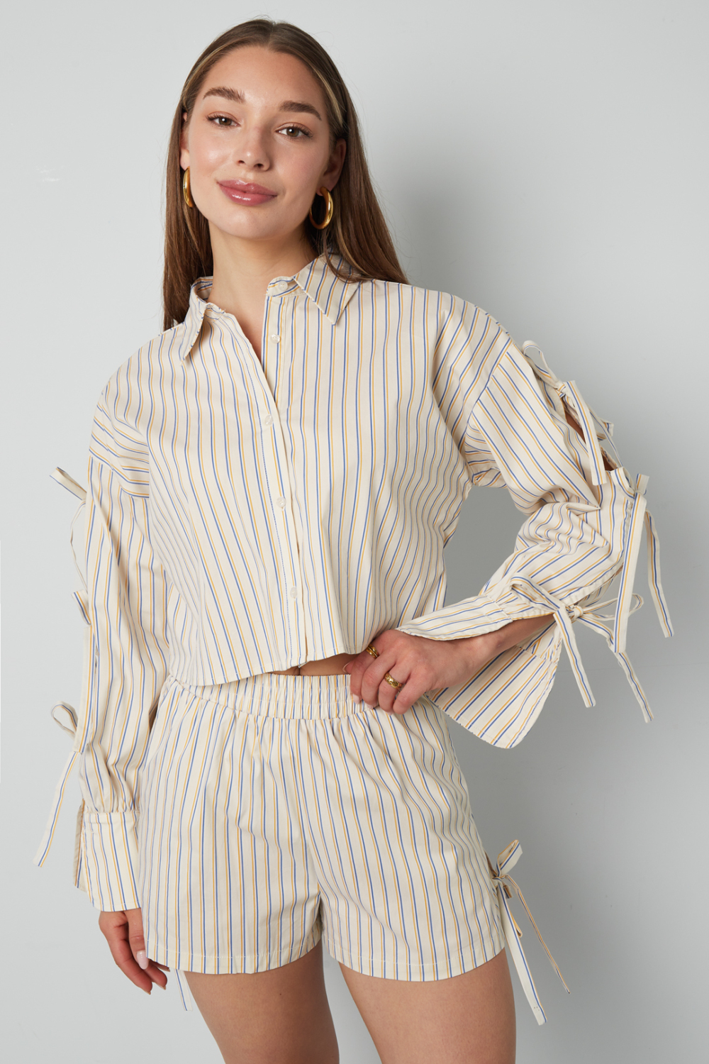 Coton Tissé Chemise Femme Printemps/Été Rayée Manches À Nœuds Image7