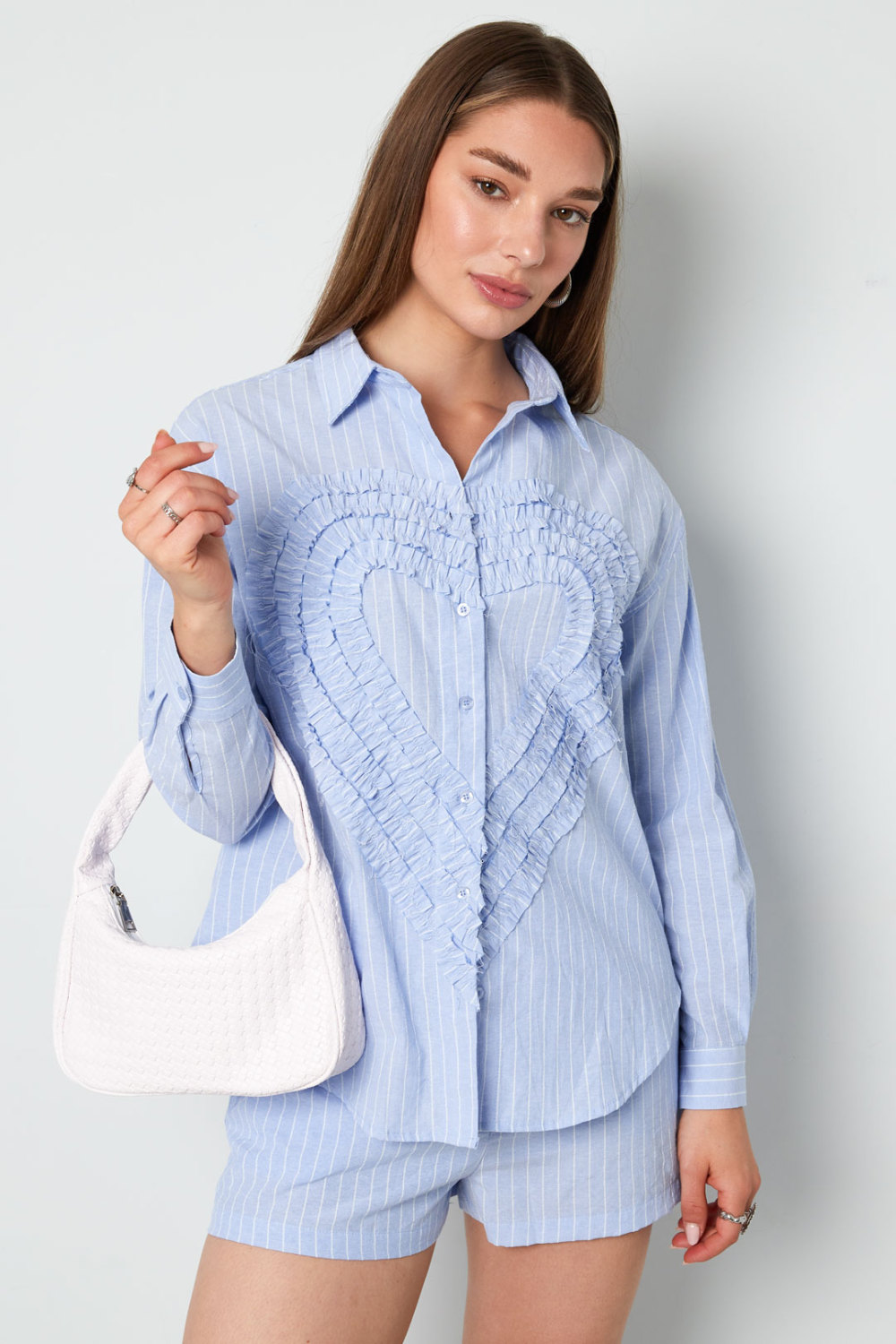 Cotton Woven Chemise Femme Casual Stripes Coeur Ruffle Detail Image9