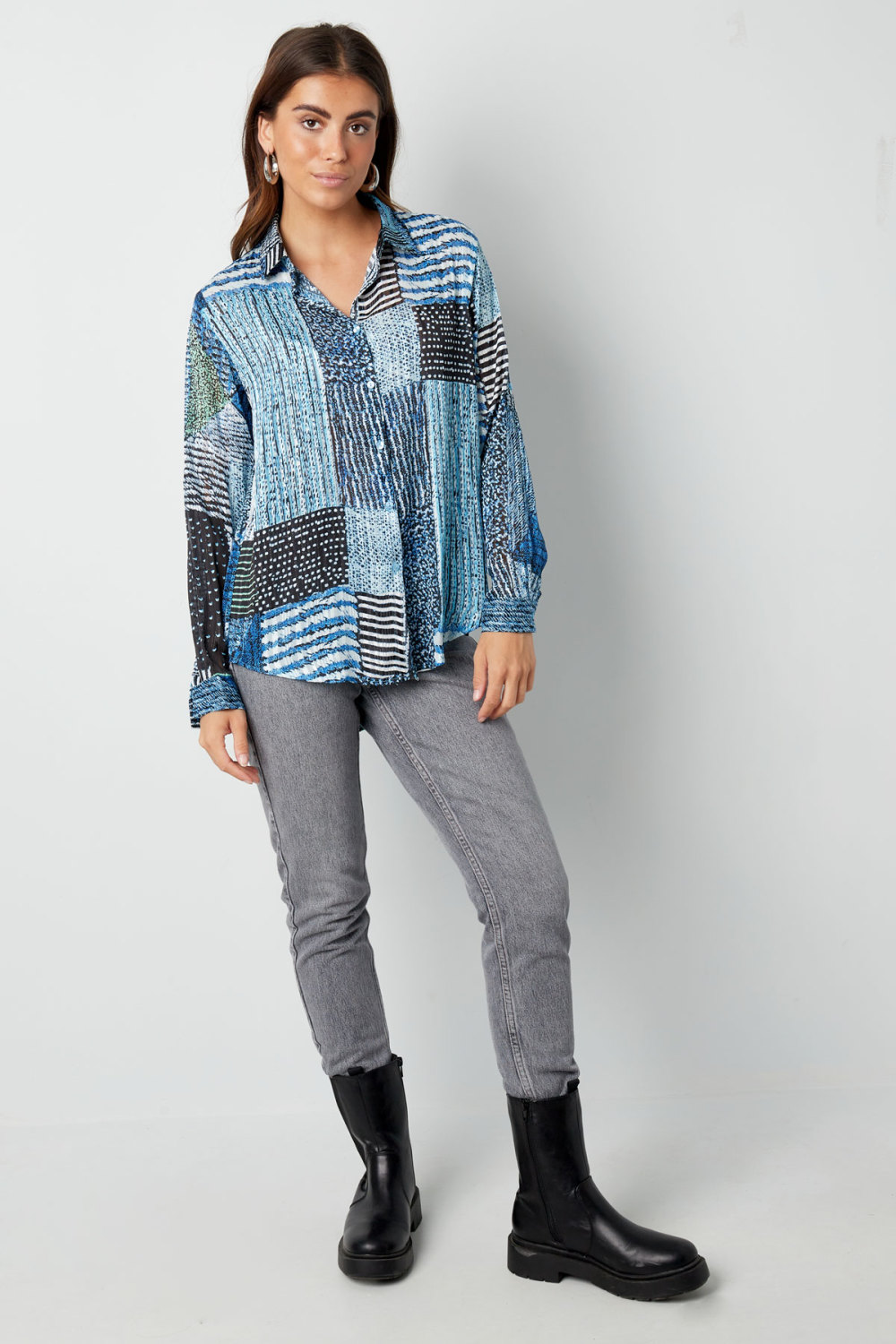 Blouse En Polyester Pour Femme Motif Patchwork Manches Longues Image5