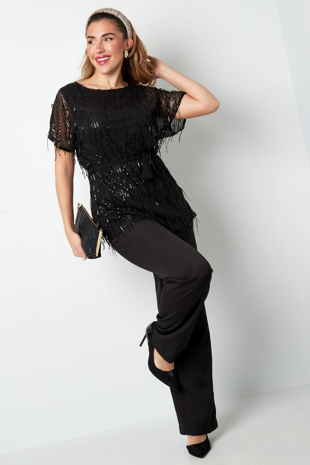 Top Femme Noir À Paillettes Avec Détails Franges Et Manches Transparentes Image6