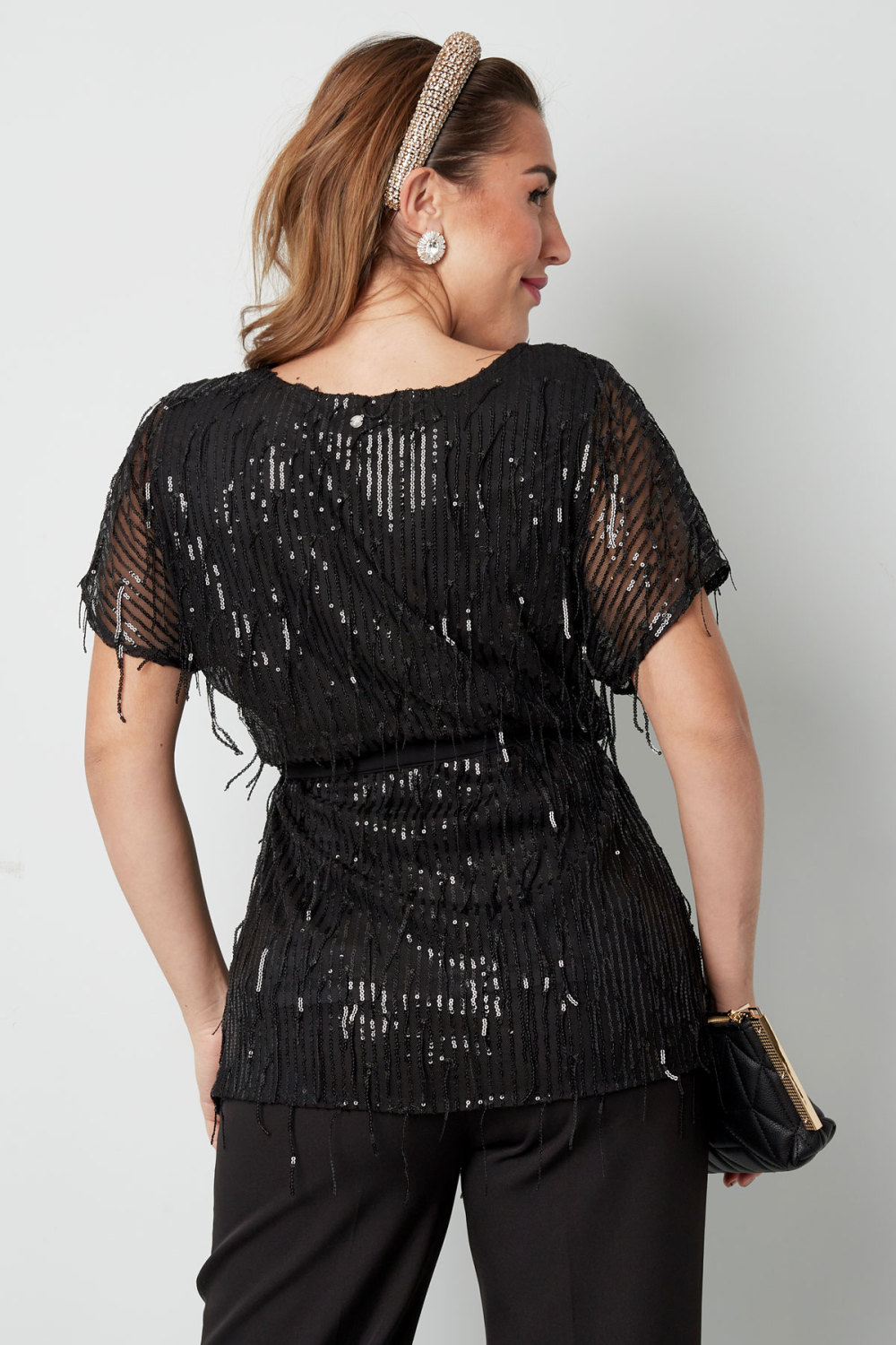 Top Femme Noir À Paillettes Avec Détails Franges Et Manches Transparentes Image9