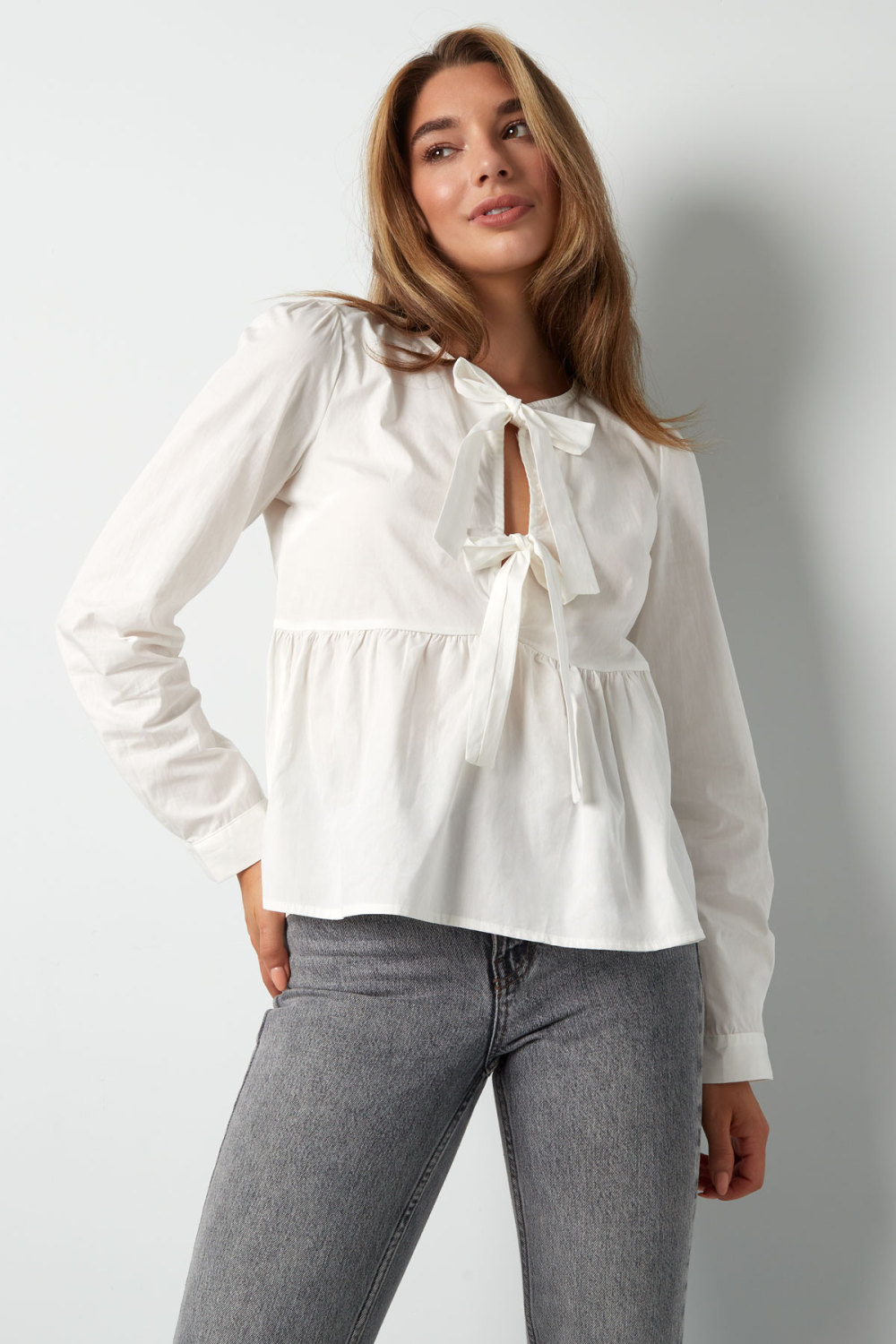 Coton Femmes Haut Manches Longues Peplum Détail Nœud Au Cou h5Image6