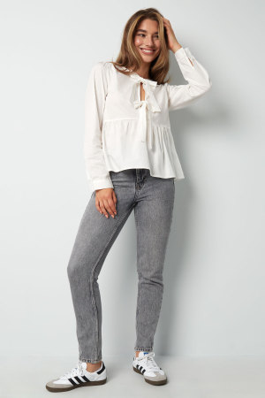 Coton Femmes Haut Manches Longues Peplum Détail Nœud Au Cou h5 Image9