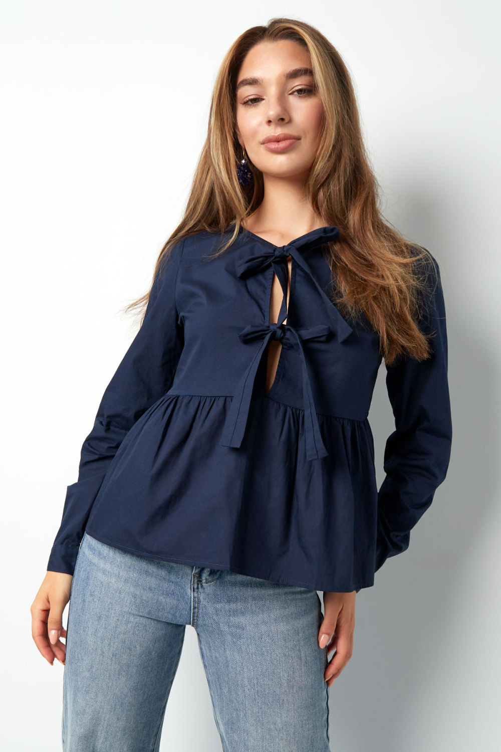 Coton Femmes Haut Manches Longues Peplum Détail Nœud Au Cou Image5