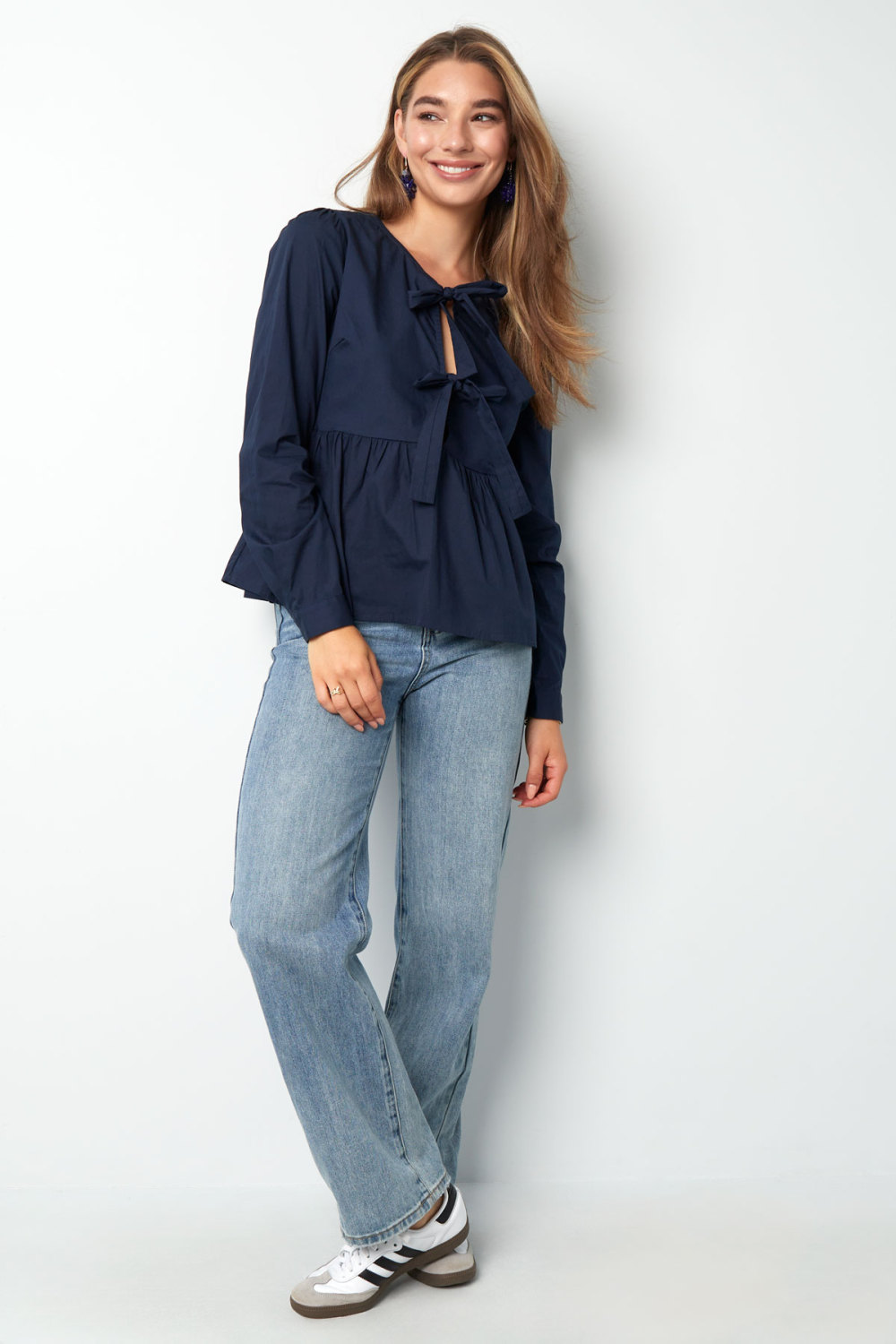 Coton Femmes Haut Manches Longues Peplum Détail Nœud Au Cou h5Image8