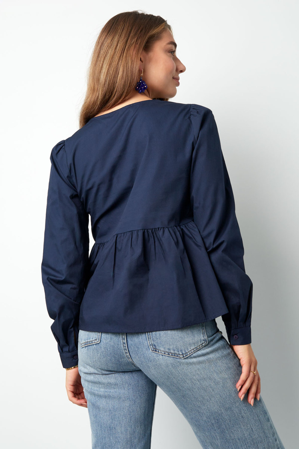 Coton Femmes Haut Manches Longues Peplum Détail Nœud Au Cou h5Image12