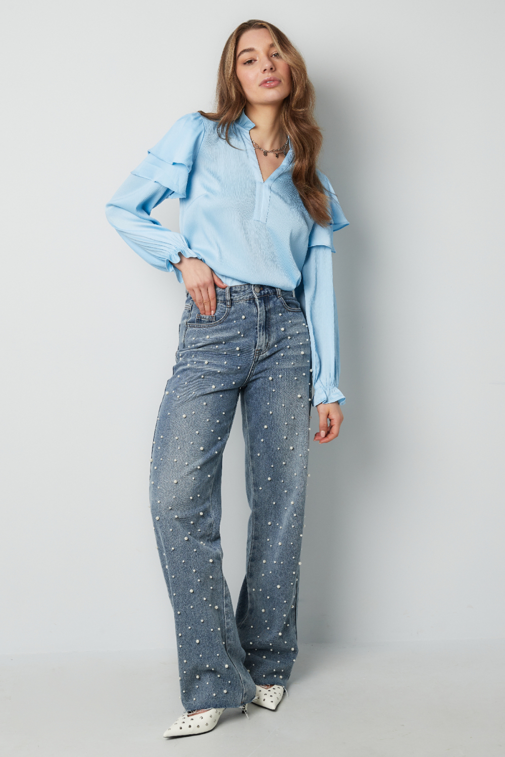 Blouse Manches Longues Femme Polyester Volants Col V Image9