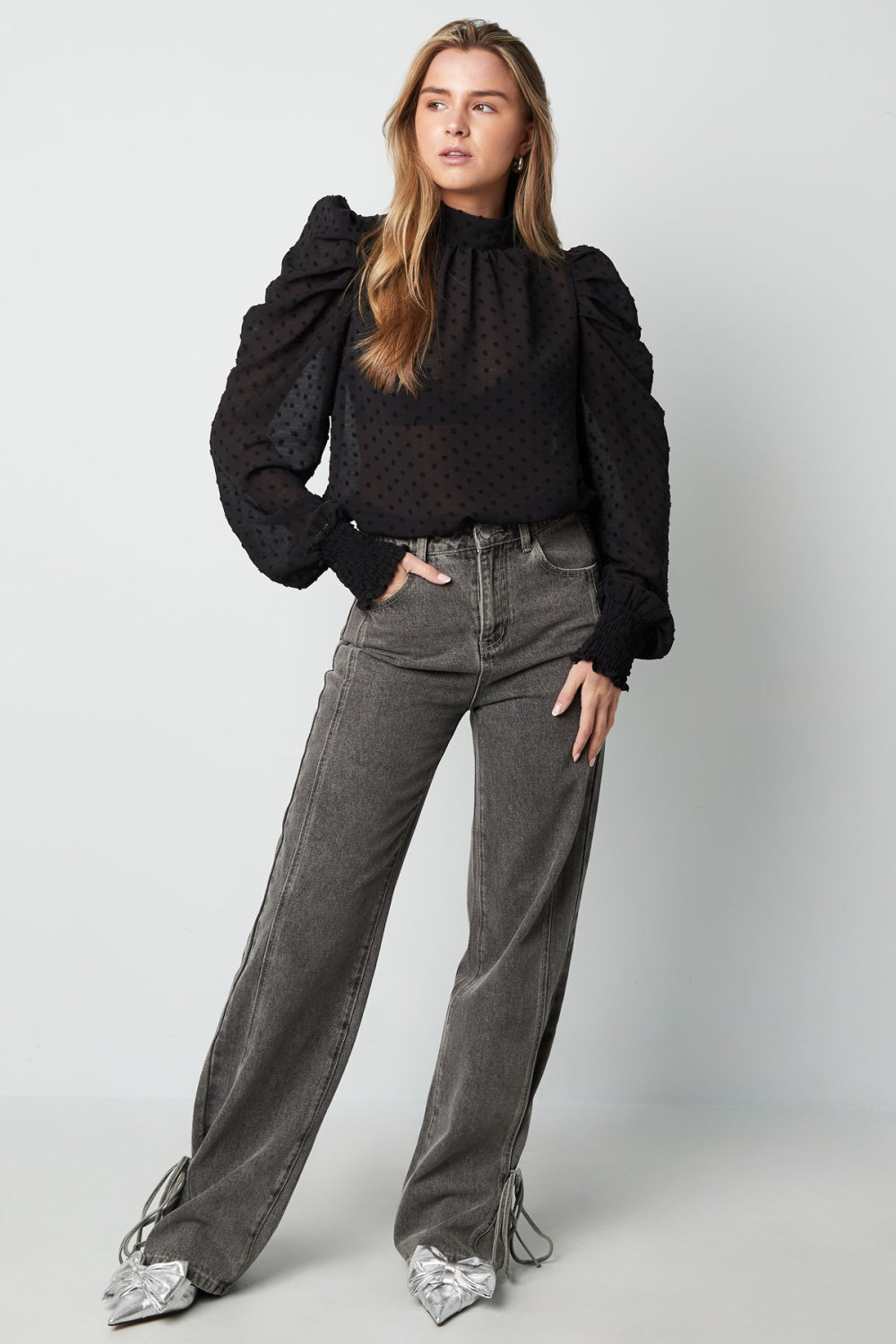 Polyester Femme Haut Manches Longues Puff Sleeve Col Montant h5Image2