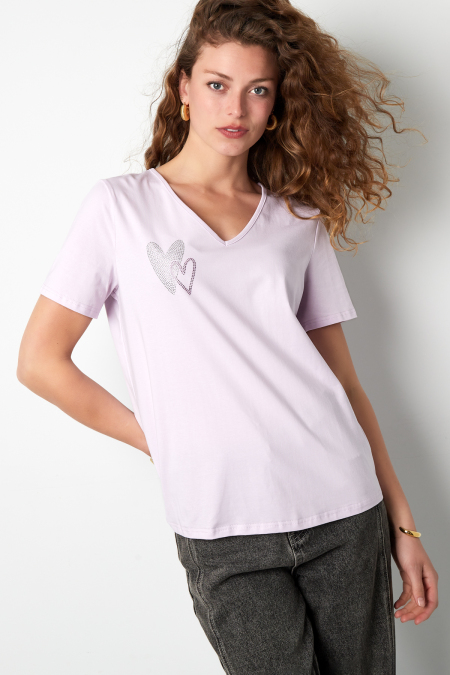 Coton T-Shirt Femme Col V Motif Cœur Brodé