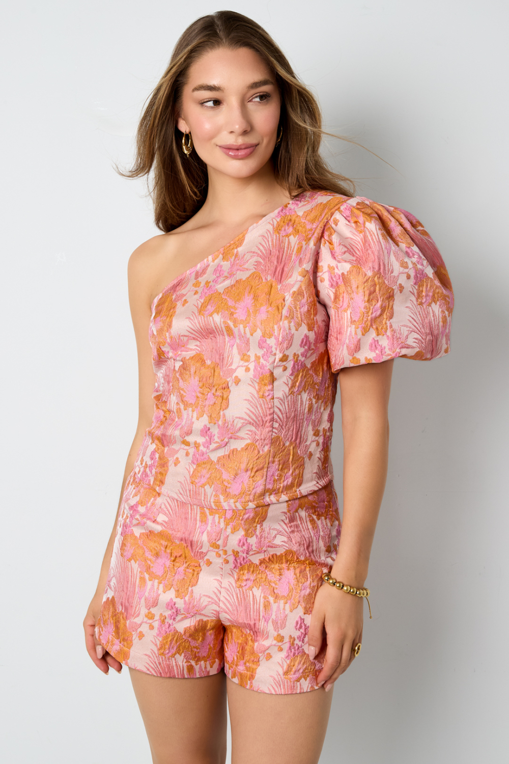 Tissu Polyester Fibre Haut Femme À Épaule Unique Élégant Imprimé Floral Image7