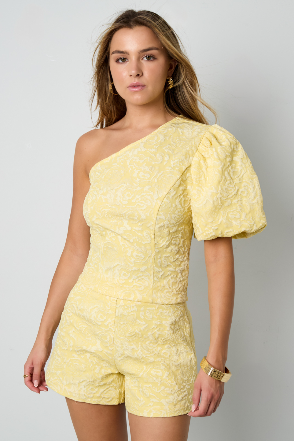 Tissu En Fibre De Polyester Tissée Haut Femme À Épaule Unique Imprimé Floral Élégant h5Image5