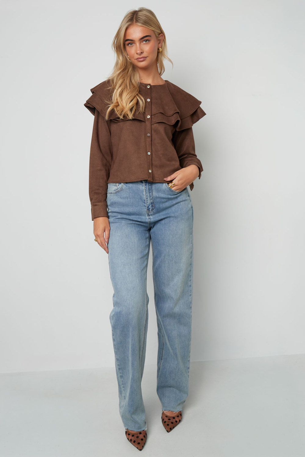 Woven Polyester Fiber Femme Blouse Elegant Ruffle Trim Image10