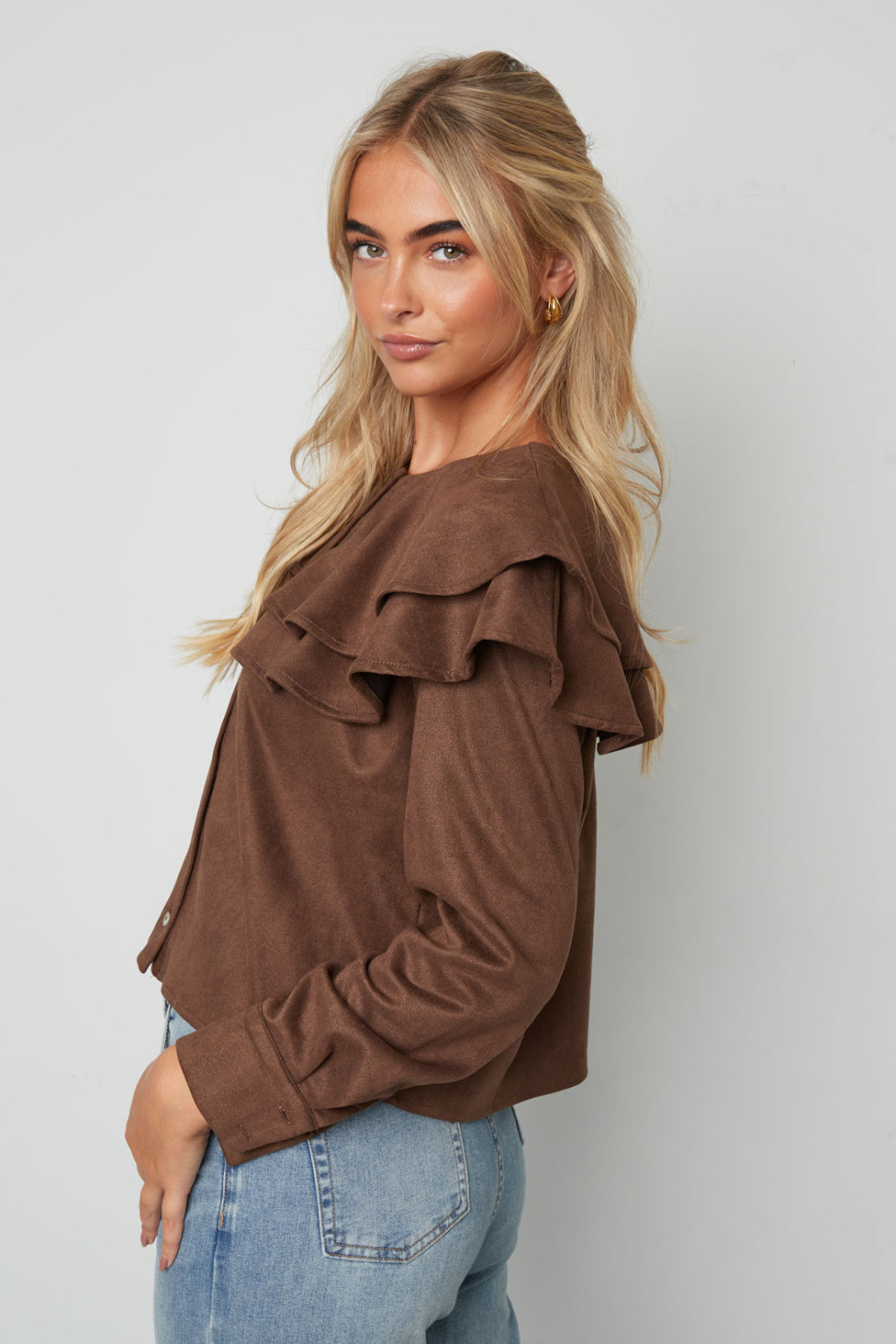 Woven Polyester Fiber Femme Blouse Elegant Ruffle Trim Image7