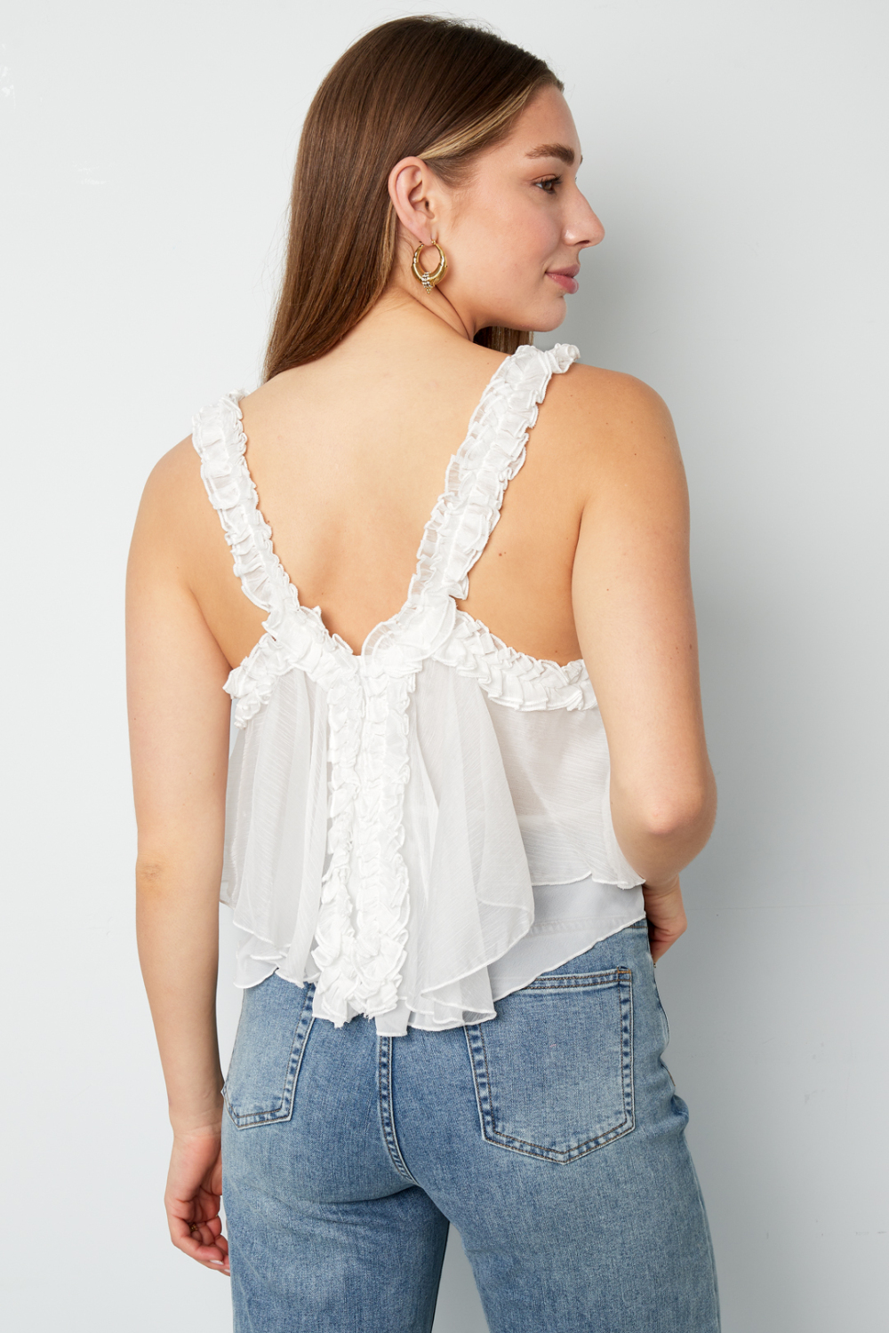 Top Sans Manches Blanc Tissé Casual Couleur Unie Bordure Volants Image7