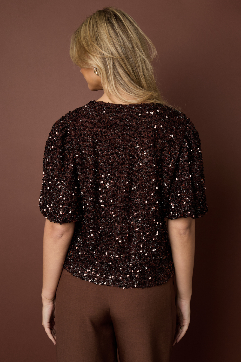 Tissé Fibre De Polyester Femmes Tops Manches Courtes Élégant Paillettes h5Image11