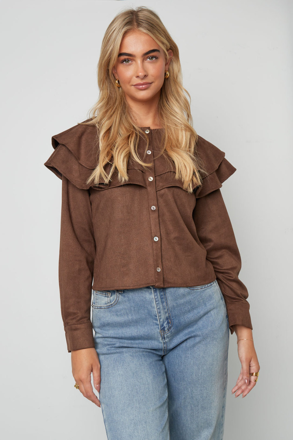 Woven Polyester Fiber Femme Blouse Elegant Ruffle Trim Image8