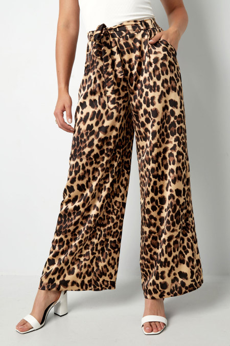 Pantalon Large Femme en Polyester Imprimé Léopard Taille Haute