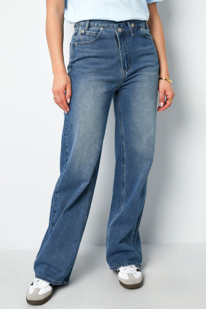 Coton Tissé Femmes Pantalon Droit Jeans Décontracté Couleur Unie Indigo Moyen h5 Image4