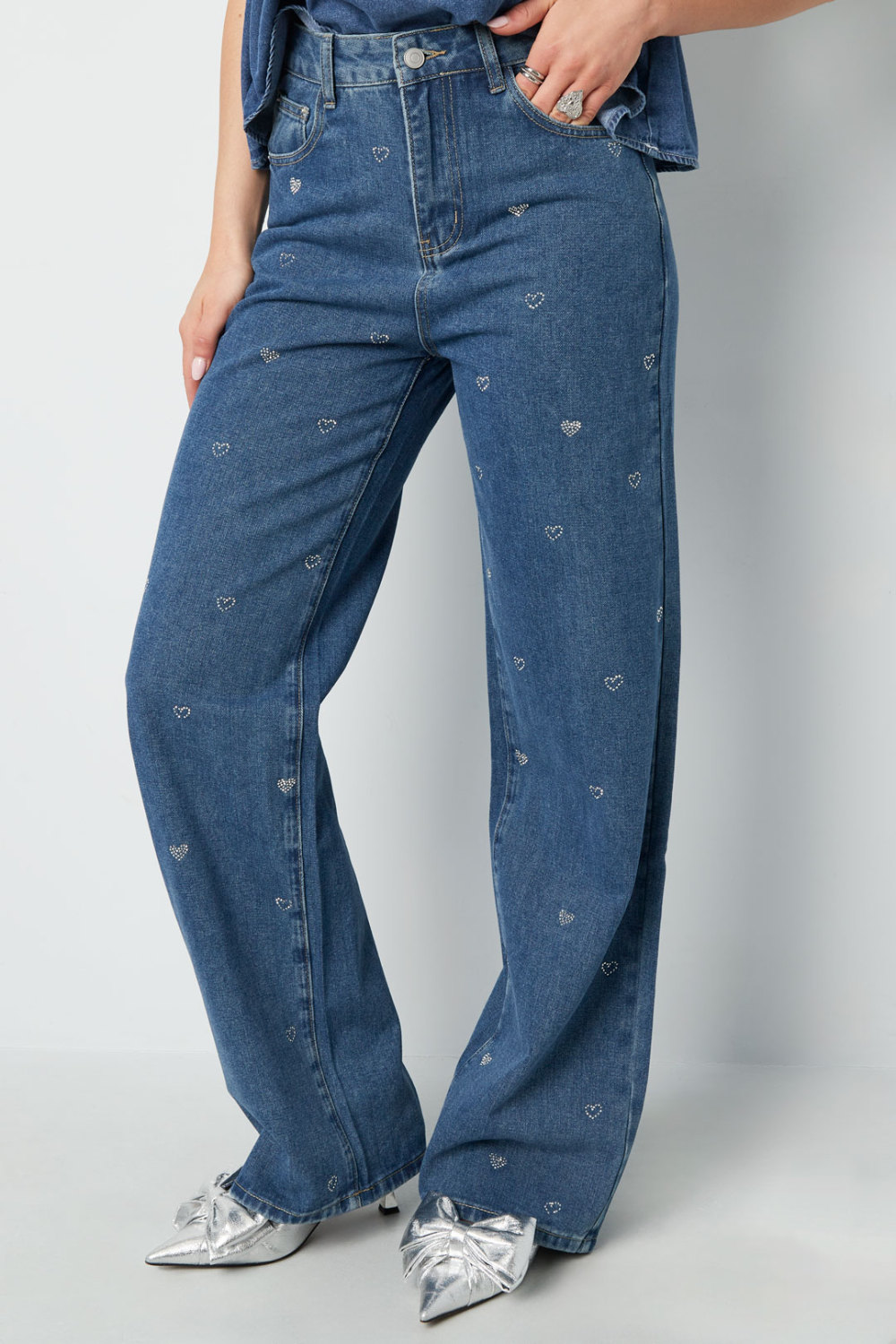 Coton Tissé Femmes Pantalon Droit Jean Broderie Cœur Décontracté Image2