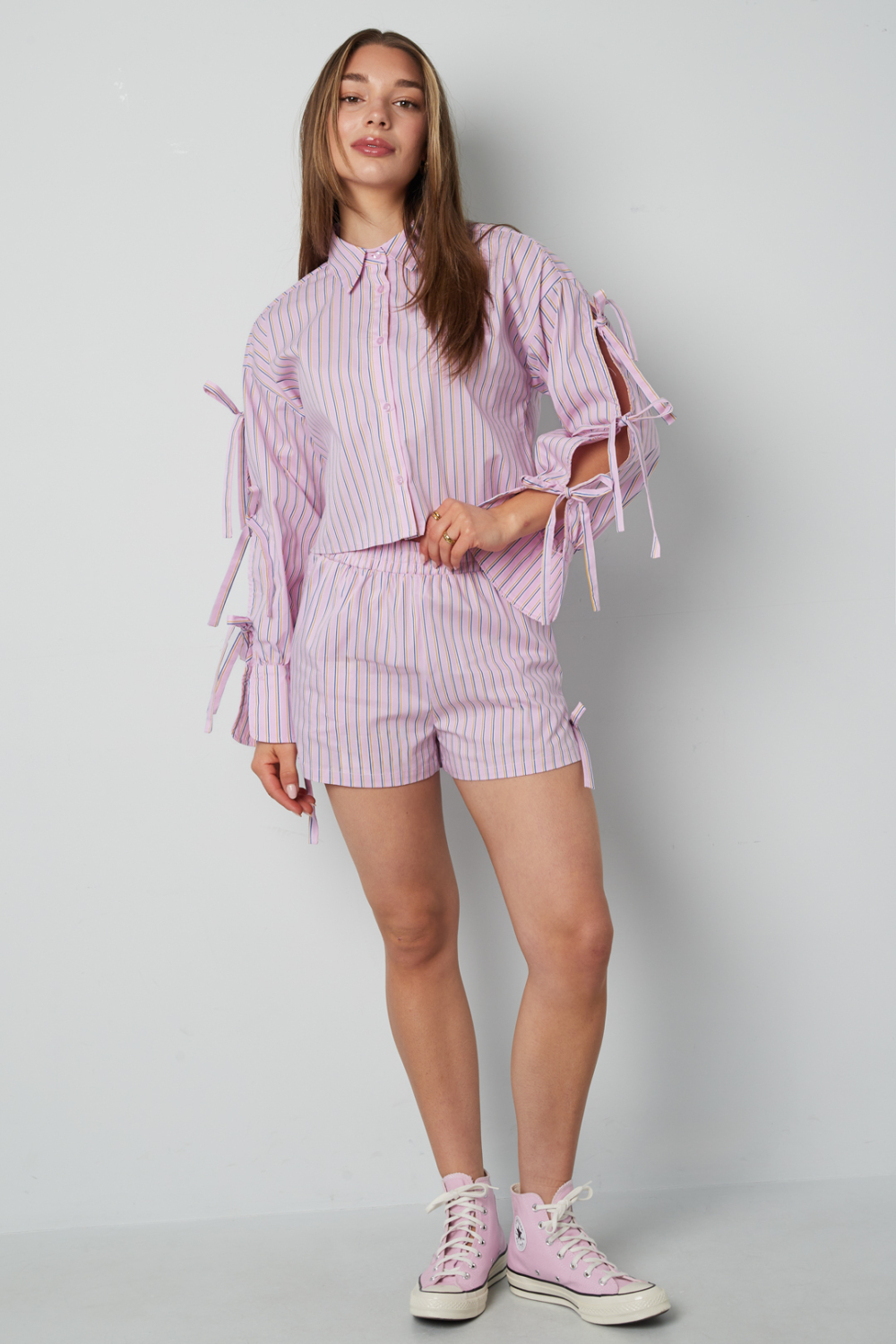 Cotton Woven Shorts Femme Casual Stripes Tie-Up Image5