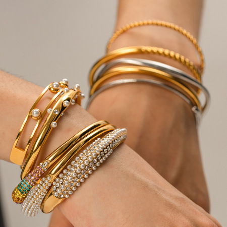 Bracelet jonc femme imperméable, multicouche, géométrique, style simple (1 pièce) en acier inoxydable