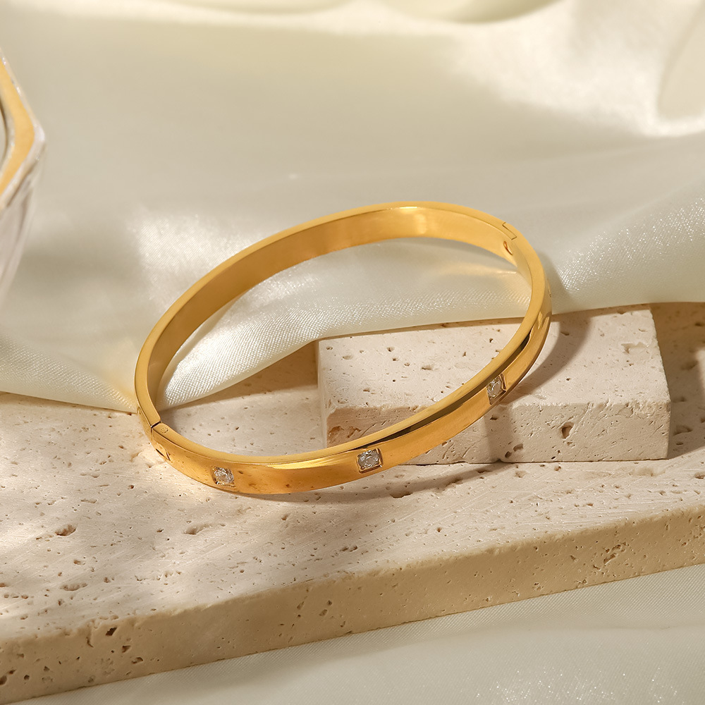 Bracelet Ouvert Pour Femme, Style Rétro, Simple, Géométrique, En Acier Inoxydable, Plaqué Or , Incrustation De Zircons Image7