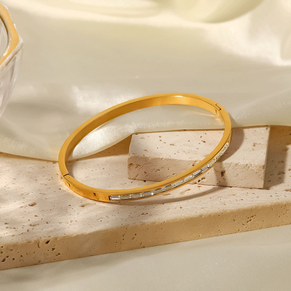 Bracelet Ouvert Pour Femme, Style Rétro, Simple, Géométrique, En Acier Inoxydable, Plaqué Or , Incrustation De Zircons Image6