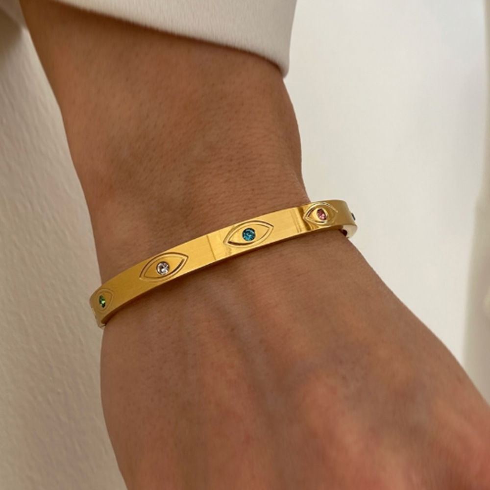 Bracelet Ouvert Pour Femme, Style Rétro, Simple, Géométrique, En Acier Inoxydable, Plaqué Or , Incrustation De Zircons Image8