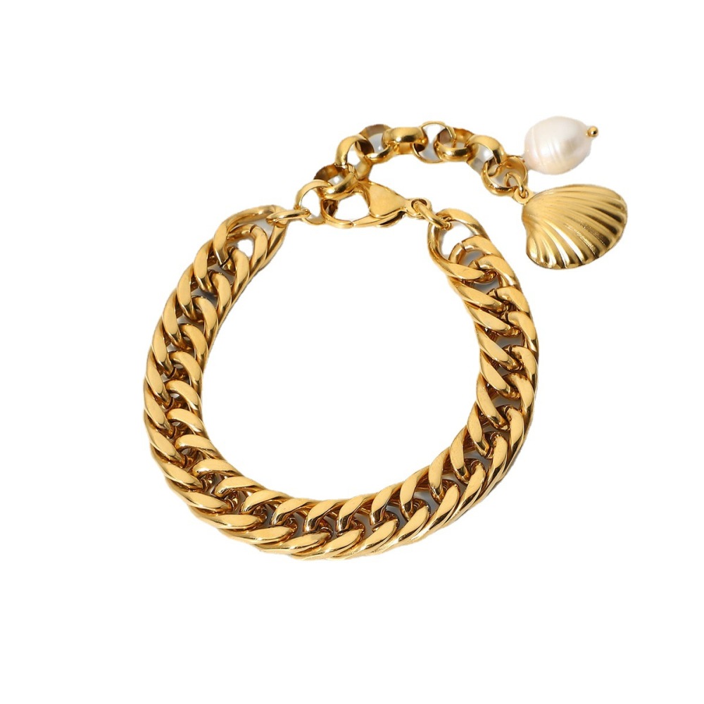 Bracelet Cuba Fantaisie Simple Et Tendance En Acier Inoxydable Plaqué Or Avec Perles D'Eau Douce Pour Femme h5Image6