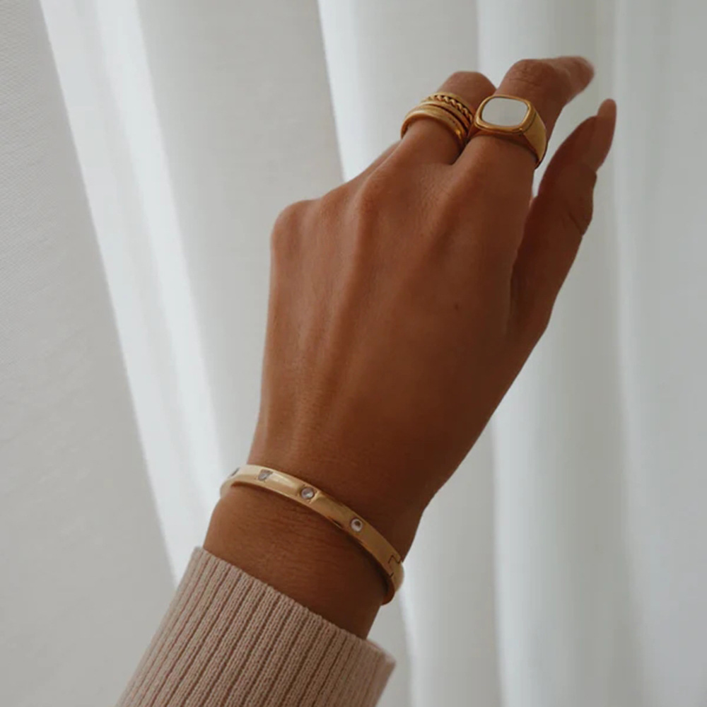 Bracelet Ouvert Pour Femme, Style Rétro, Simple, Géométrique, En Acier Inoxydable, Plaqué Or , Incrustation De Zircons Image9
