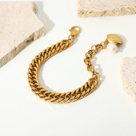 bracelet cuba fantaisie simple et tendance en acier inoxydable plaqué or  avec perles d'eau douce pour femme 2
