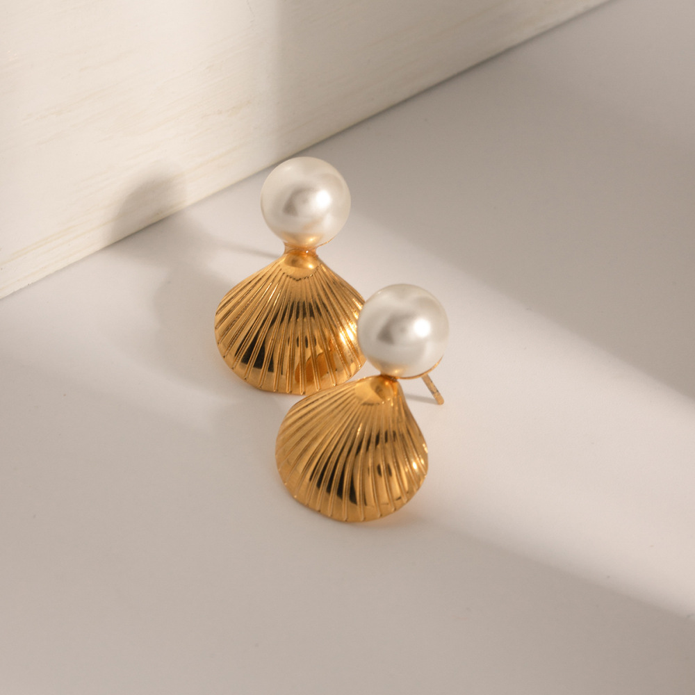 Boucles D'Oreilles En Acier Inoxydable  Incrustées De Perles Et De Coquillages, Style Ins Transfrontalier, Nouvelle Mode, Personnalité, Assorties Image3