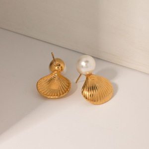 Boucles D'Oreilles En Acier Inoxydable  Incrustées De Perles Et De Coquillages, Style Ins Transfrontalier, Nouvelle Mode, Personnalité, Assorties h5 Image6