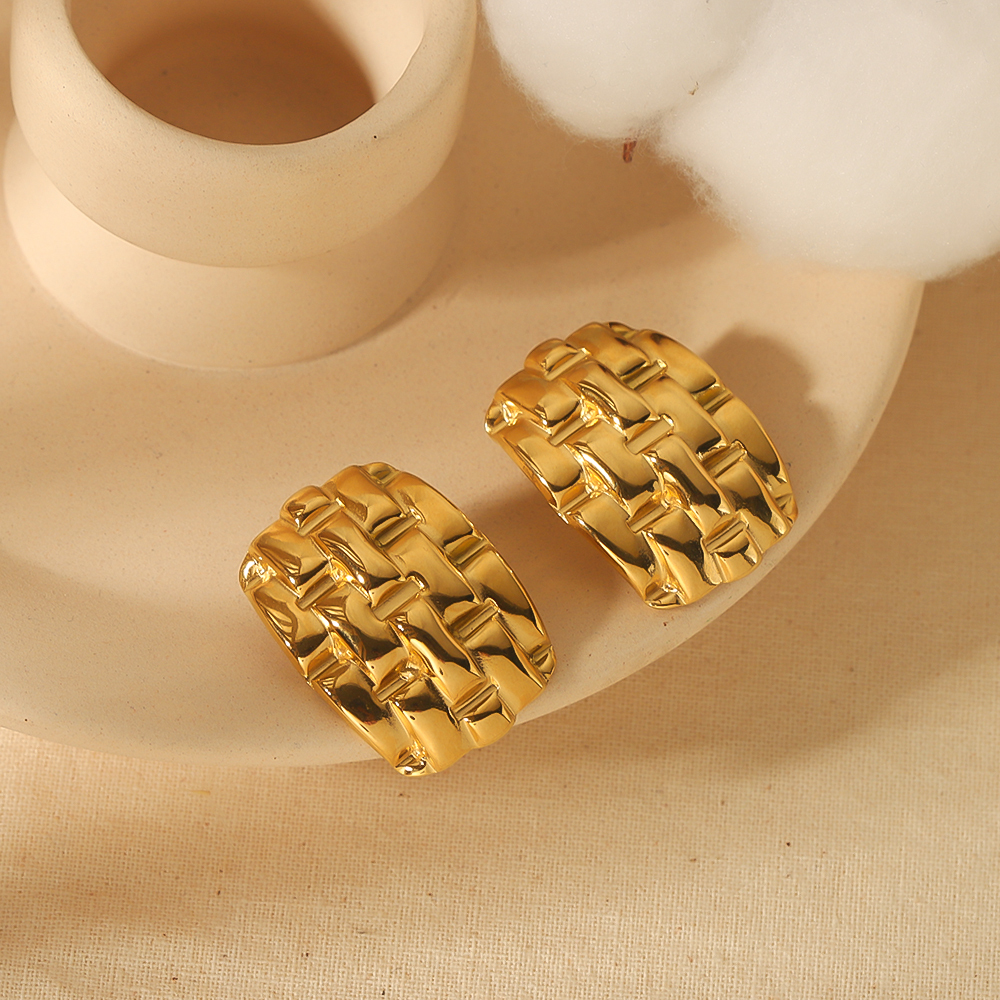 1 Paire De Boucles D'Oreilles Classiques Personnalisées En Acier Inoxydable Plaqué Or  À Texture Tissée Géométrique Pour Bijoux Pour Femmes À Porter Au Quotidien Image5