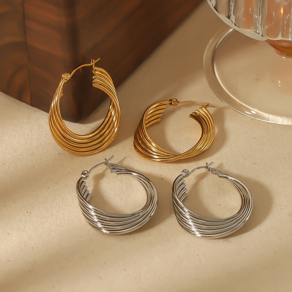 1 Paire De Boucles D'Oreilles Géométriques Classiques Personnalisées En Acier Inoxydable Plaqué Or  À Cinq Fils Pour Un Usage Quotidien Pour Les Femmes Image4