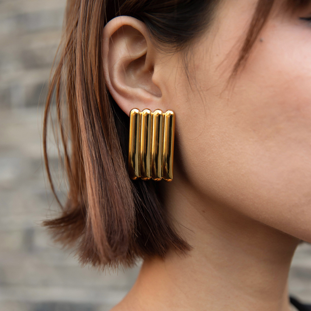 1 Paire De Boucles D'Oreilles Puces Pour Femme, Collection Simple Series, En Acier Inoxydable Étanche Couleur Or. Image3