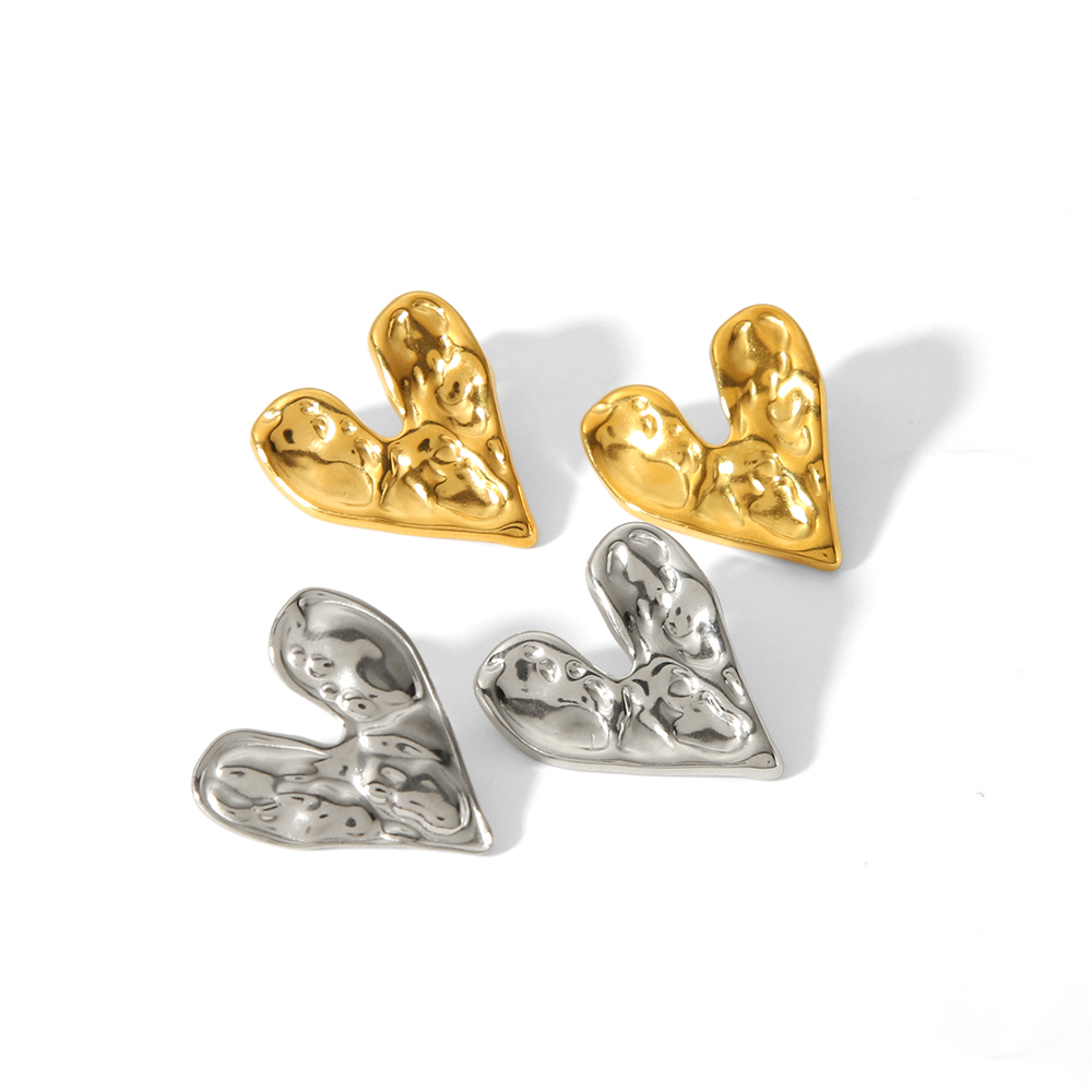 1 Paire De Boucles D'Oreilles Classiques En Acier Inoxydable Plaqué Or  En Forme De Cœur Martelé Géométrique Pour Femmes À Porter Au Quotidien Image5