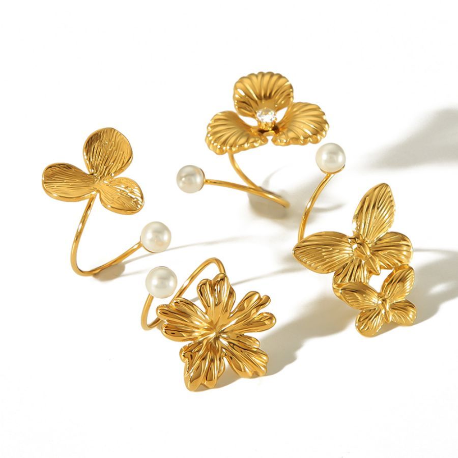 1 Pièce Exquise Et Élégante Bague Ouverte En Acier Inoxydable Plaqué Or Avec Fleur Irrégulière Et Papillon En Perle Pour Bijoux Pour Femmes À Porter Au Quotidien h5Image6