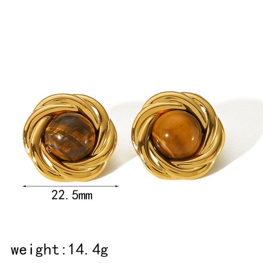 1 Paire De Boucles D'Oreilles Élégantes Et Stylées En Acier Inoxydable Plaqué Or Avec Pierre D'Œil De Tigre Incrustée De Formes Géométriques Rondes Pour Bijoux Pour Femmes À Porter Au Quotidien Image7