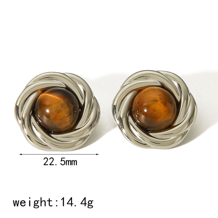 1 Paire De Boucles D'Oreilles Élégantes Et Stylées En Acier Inoxydable Plaqué Or Avec Pierre D'Œil De Tigre Incrustée De Formes Géométriques Rondes Pour Bijoux Pour Femmes À Porter Au Quotidien Image8
