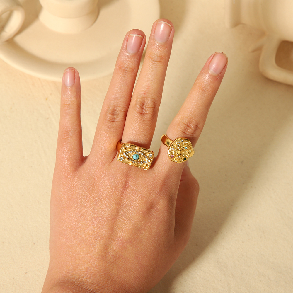 1 Pièce De Bague En Acier Inoxydable Plaqué Or  À La Mode Avec Œil De Lave En Diamant Coloré Pour Femme À Porter Au Quotidien Image5