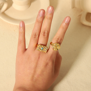 1 Pièce De Bague En Acier Inoxydable Plaqué Or  À La Mode Avec Œil De Lave En Diamant Coloré Pour Femme À Porter Au Quotidien h5 Image5
