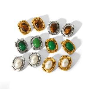 1 Paire De Boucles D'Oreilles Classiques En Acier Inoxydable Plaqué Or  Avec Pierre Œil De Tigre Géométrique Carrée Pour Un Usage Quotidien Pour Femme h5 Image5