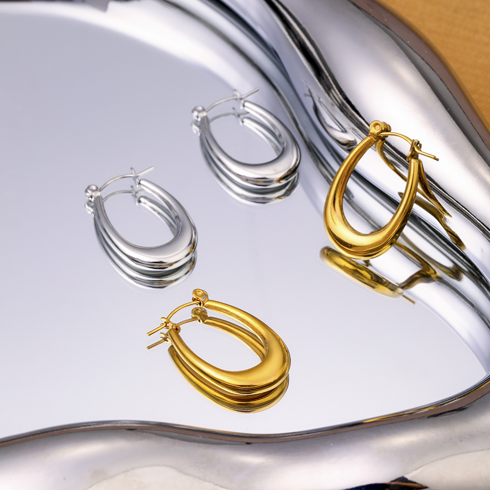 1 Paire De Boucles D'Oreilles Créoles Géométriques Simples En Acier Inoxydable Plaqué Or  Pour Femme Image3